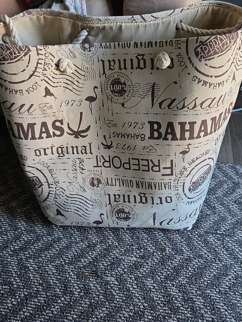 Large Bahama Lined Beach Print Canvas Tote Bag in Beige and Brown